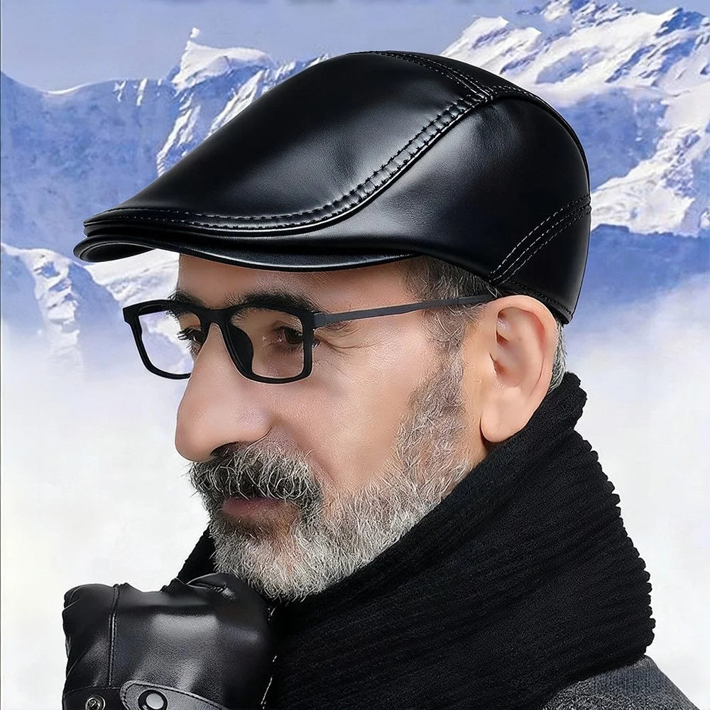 Autumn Winter Beret Hat for Men Genuine Leather Windproof Peaked Cap Fashion Driver Hat - Light Brown - 3