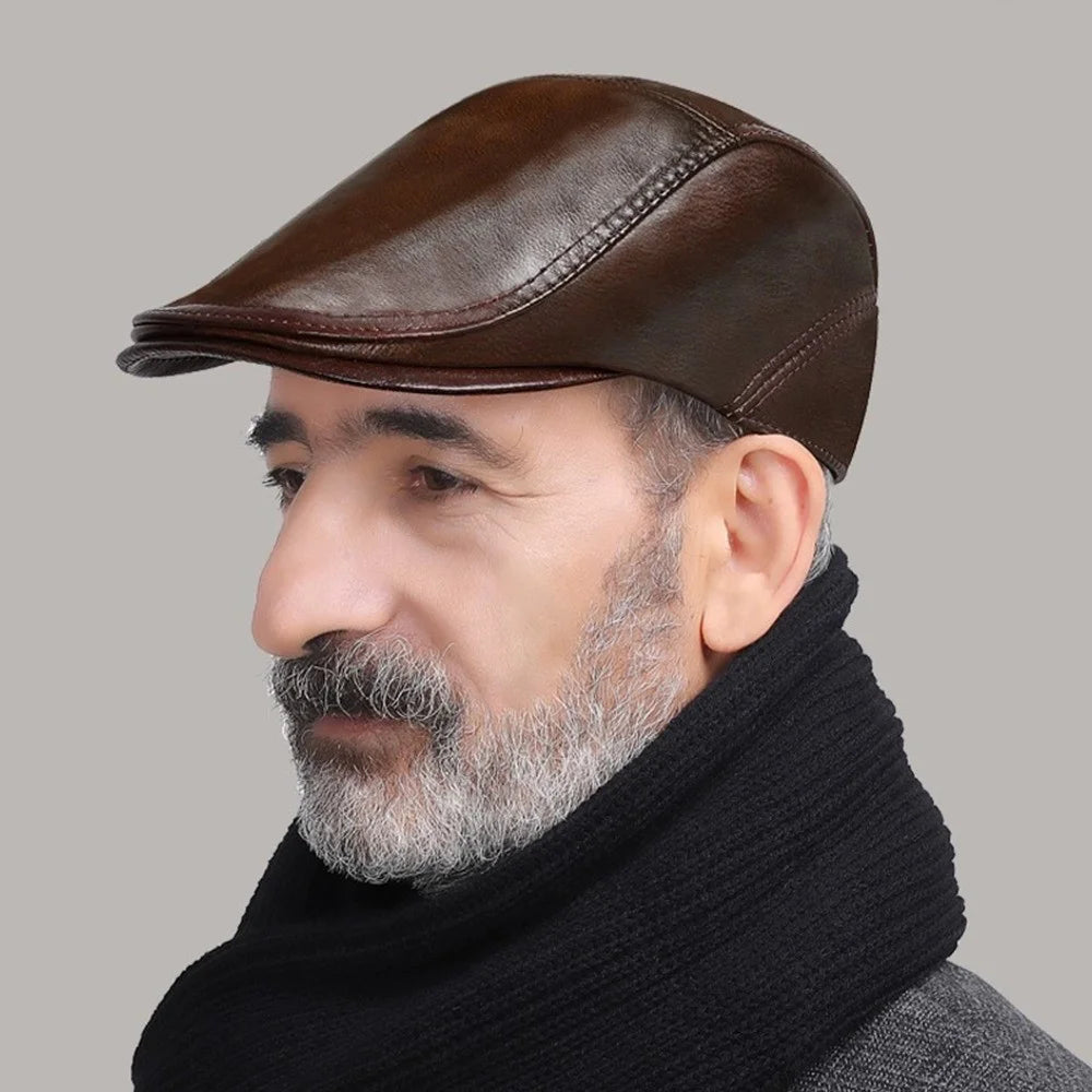 Autumn Winter Beret Hat for Men Genuine Leather Windproof Peaked Cap Fashion Driver Hat - Light Brown - 4