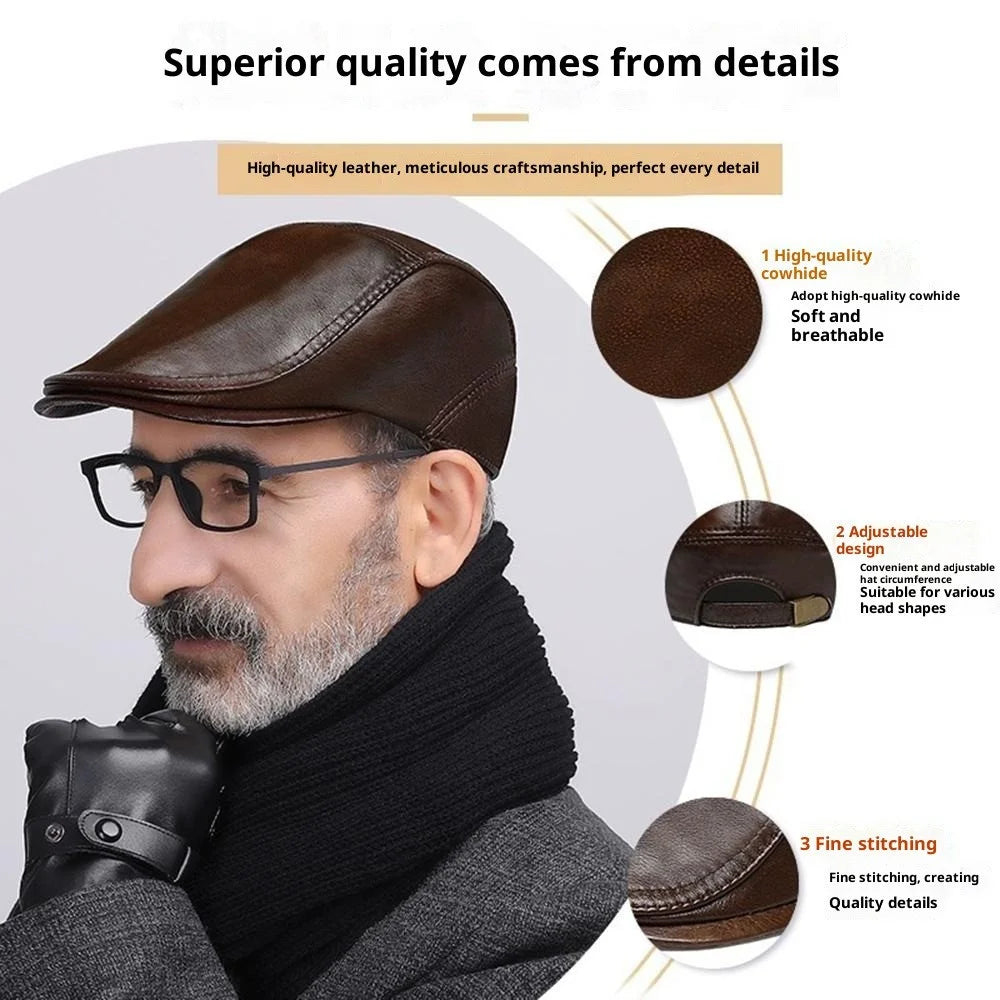 Autumn Winter Beret Hat for Men Genuine Leather Windproof Peaked Cap Fashion Driver Hat - Light Brown - 5
