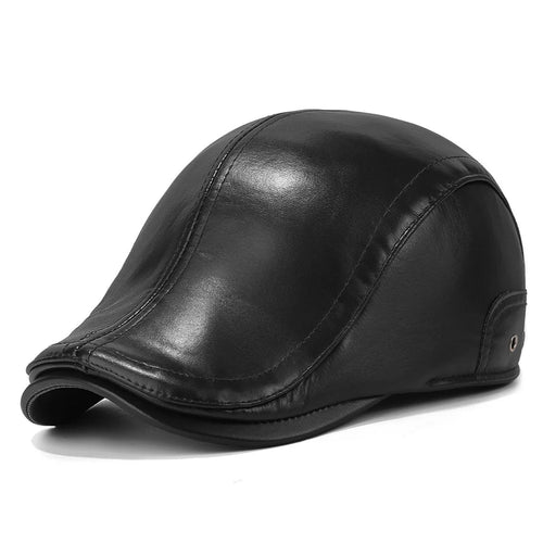 2025d140 Winter Warm Artist Beret Hat Wide Brim Peaked Cap PU Leather Driver Hat with Earflaps - Black - 1