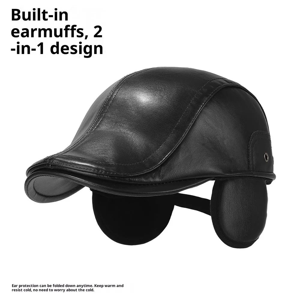 2025d140 Winter Warm Artist Beret Hat Wide Brim Peaked Cap PU Leather Driver Hat with Earflaps - Black - 2