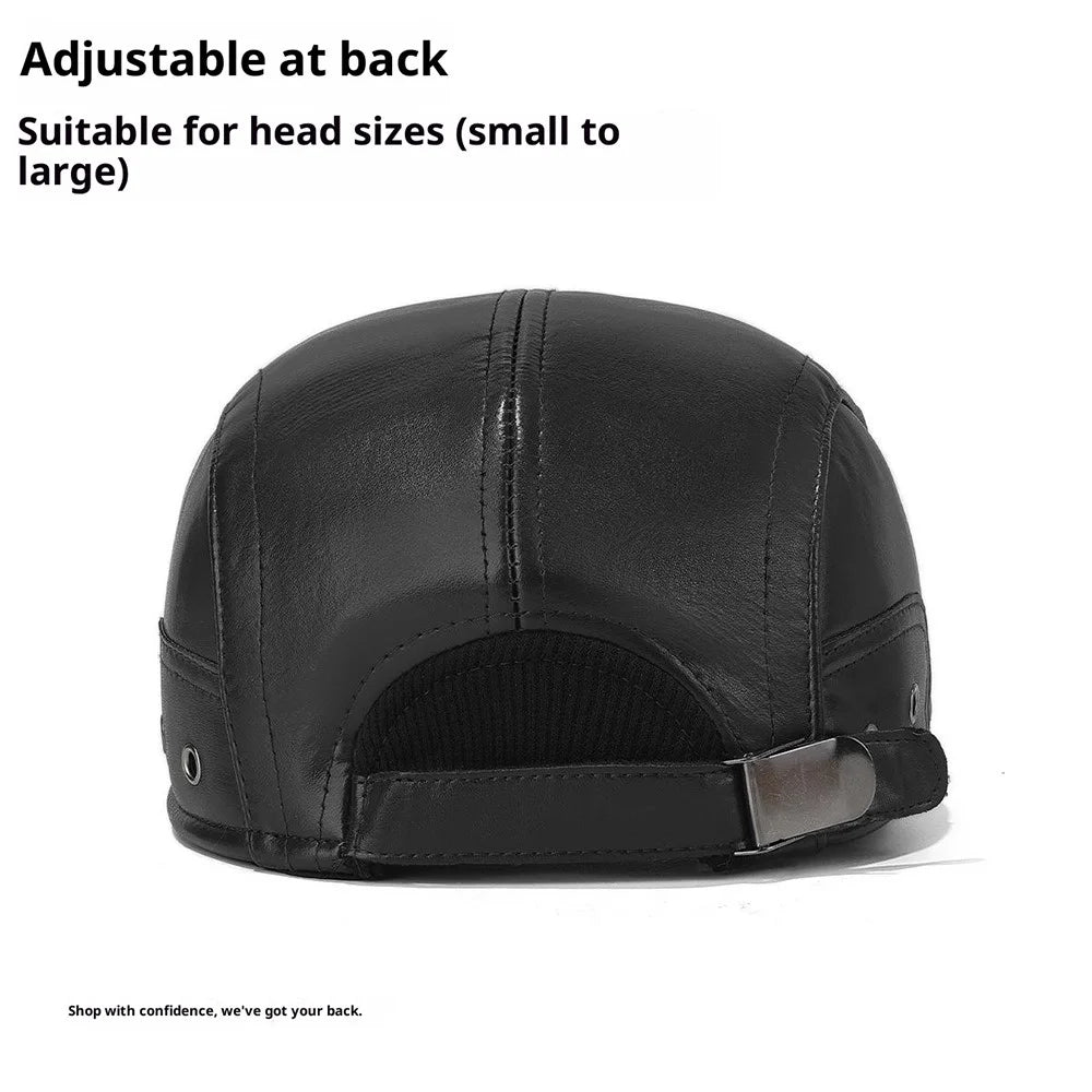 2025d140 Winter Warm Artist Beret Hat Wide Brim Peaked Cap PU Leather Driver Hat with Earflaps - Black - 3