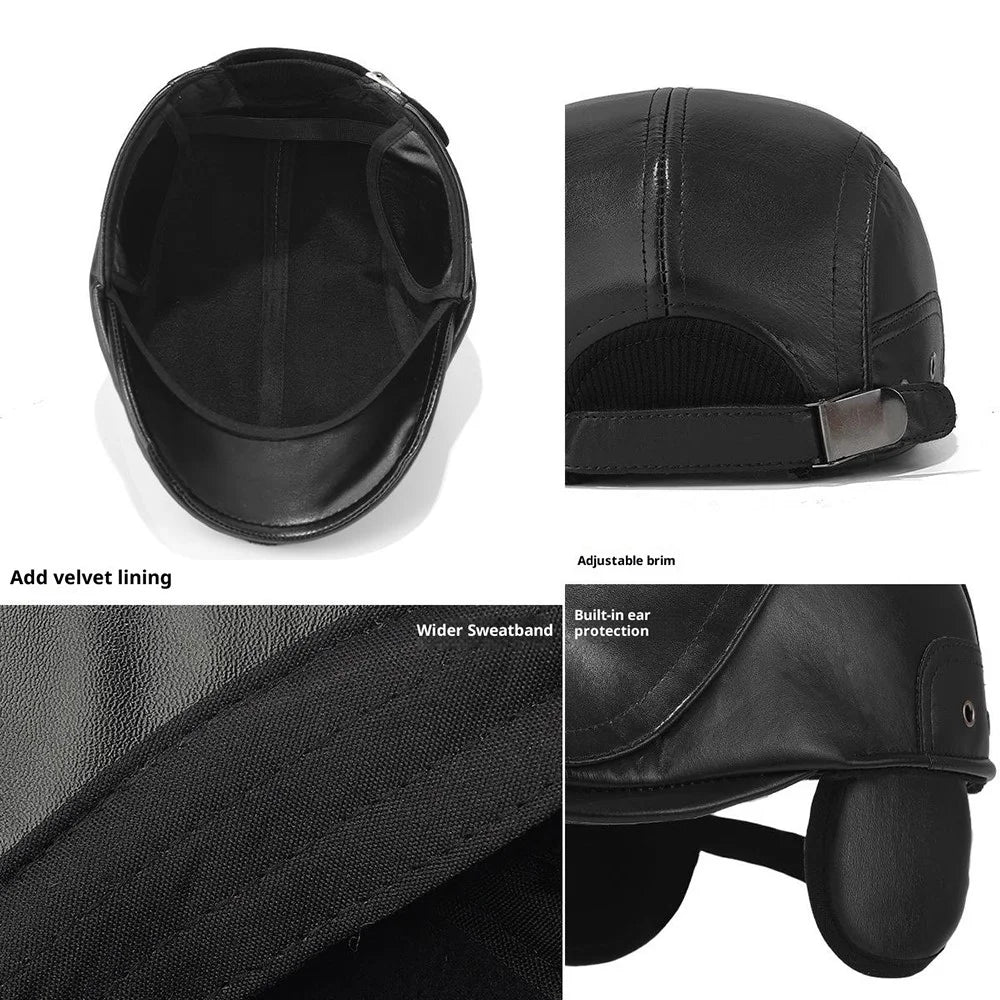 2025d140 Winter Warm Artist Beret Hat Wide Brim Peaked Cap PU Leather Driver Hat with Earflaps - Black - 4