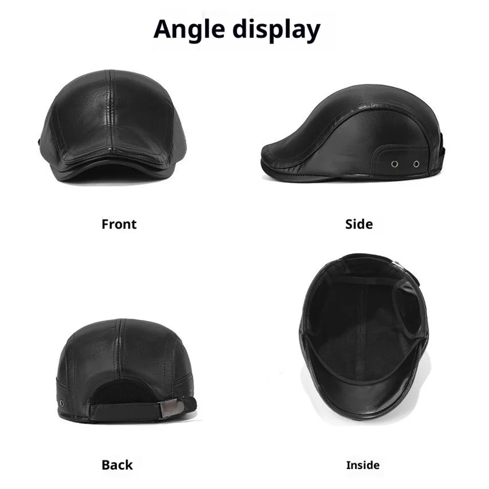 2025d140 Winter Warm Artist Beret Hat Wide Brim Peaked Cap PU Leather Driver Hat with Earflaps - Black - 5
