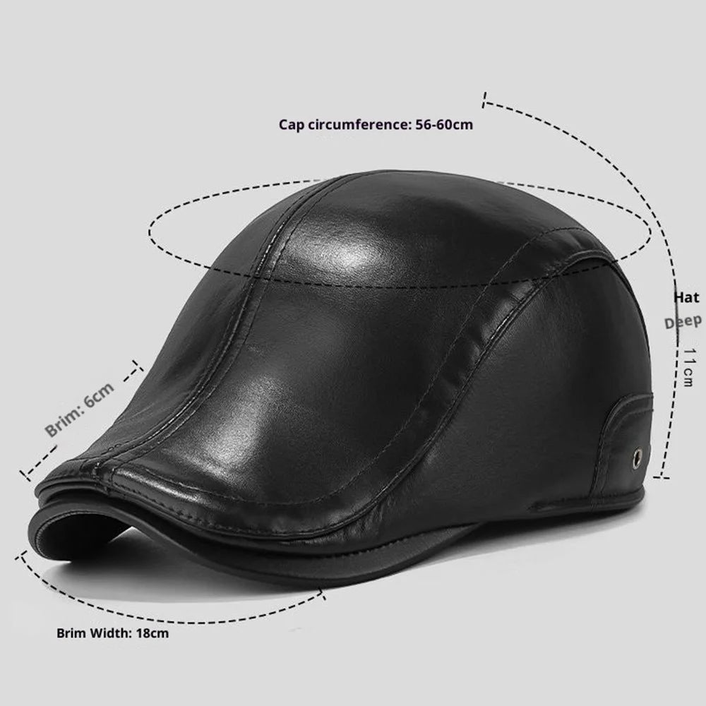 2025d140 Winter Warm Artist Beret Hat Wide Brim Peaked Cap PU Leather Driver Hat with Earflaps - Black - 6