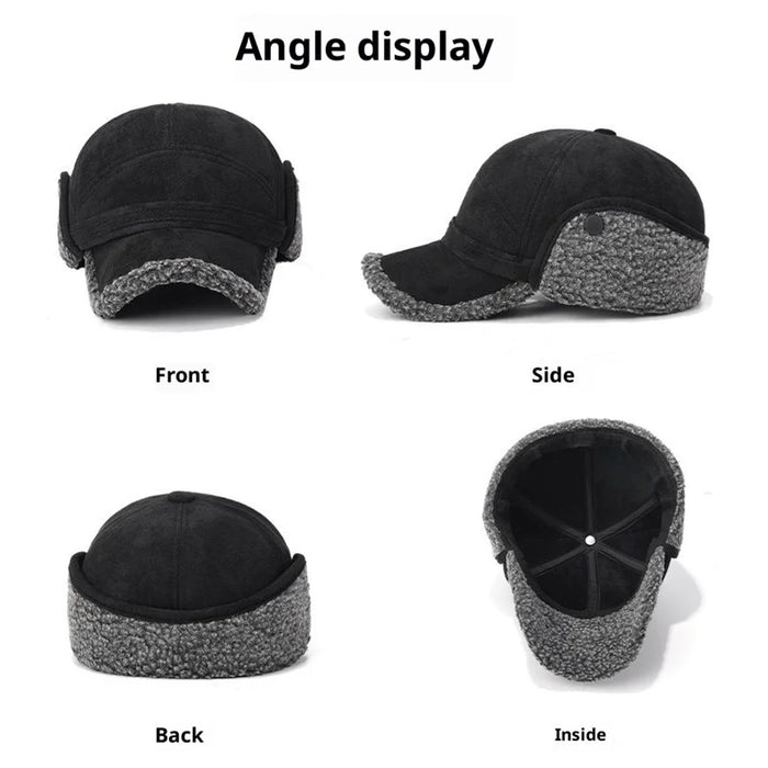 2025d133 Winter Suede Baseball Cap for Middle-Aged and Elderly Thermal Fleece Lined Hat with Foldable Earflaps - Grey - 5