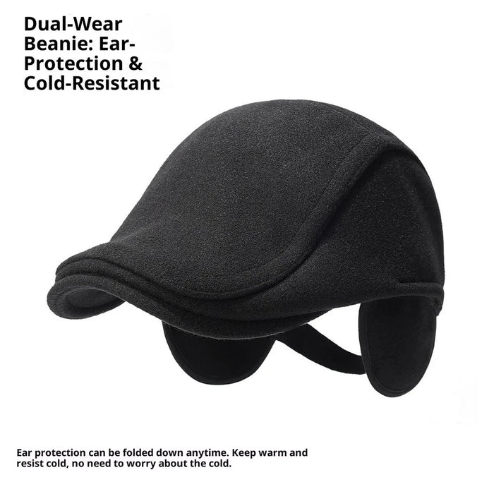 2025d124 Artist Beret Hat with Foldable Earflaps Wide Brim Peaked Cap Winter Thermal Driver Hat - Black - 2