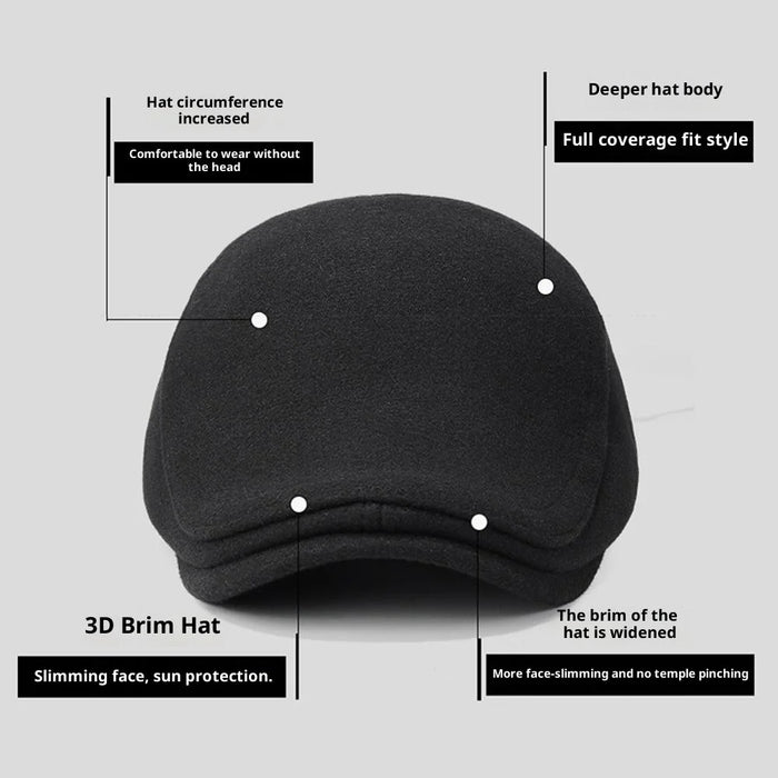 2025d124 Artist Beret Hat with Foldable Earflaps Wide Brim Peaked Cap Winter Thermal Driver Hat - Black - 3