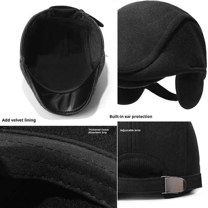 2025d124 Artist Beret Hat with Foldable Earflaps Wide Brim Peaked Cap Winter Thermal Driver Hat - Black - 4