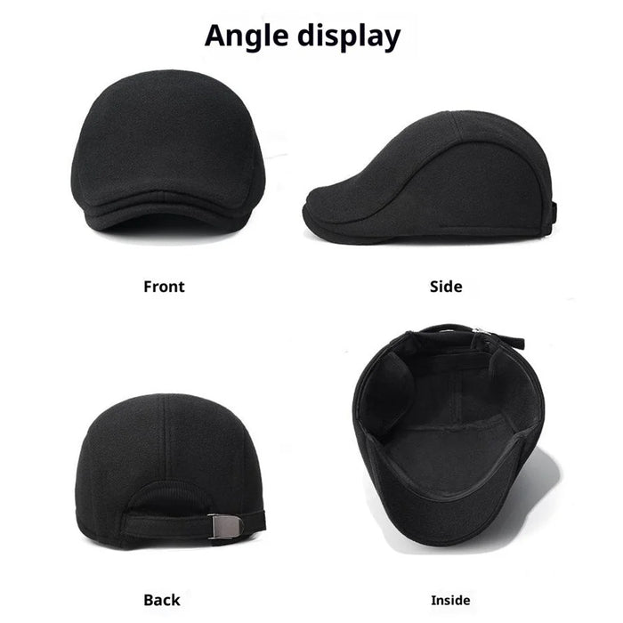 2025d124 Artist Beret Hat with Foldable Earflaps Wide Brim Peaked Cap Winter Thermal Driver Hat - Black - 5
