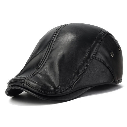 2025d139 Winter PU Leather Driver Hat with Earflaps Warm Artist Beret Hat for Middle-Aged and Elderly Wide Brim Peaked Cap - Black - 1