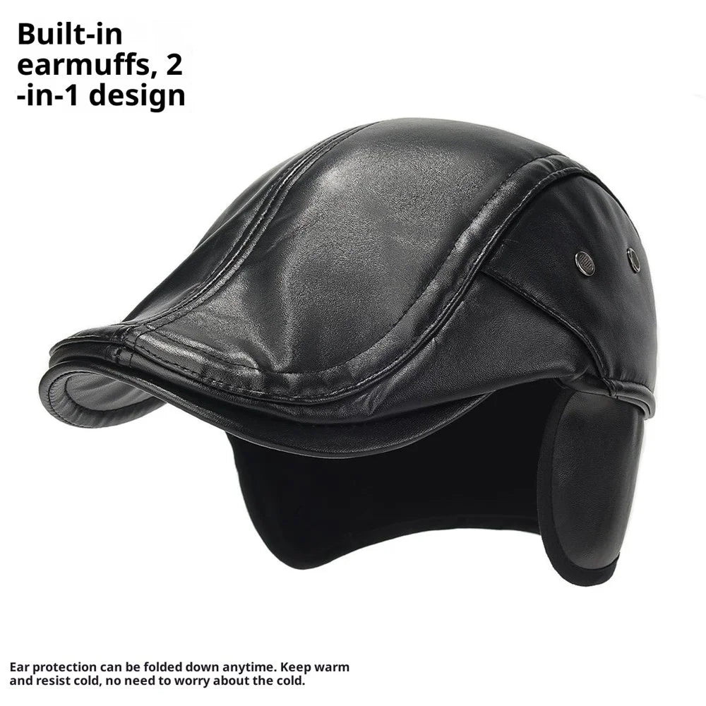 2025d139 Winter PU Leather Driver Hat with Earflaps Warm Artist Beret Hat for Middle-Aged and Elderly Wide Brim Peaked Cap - Black - 2