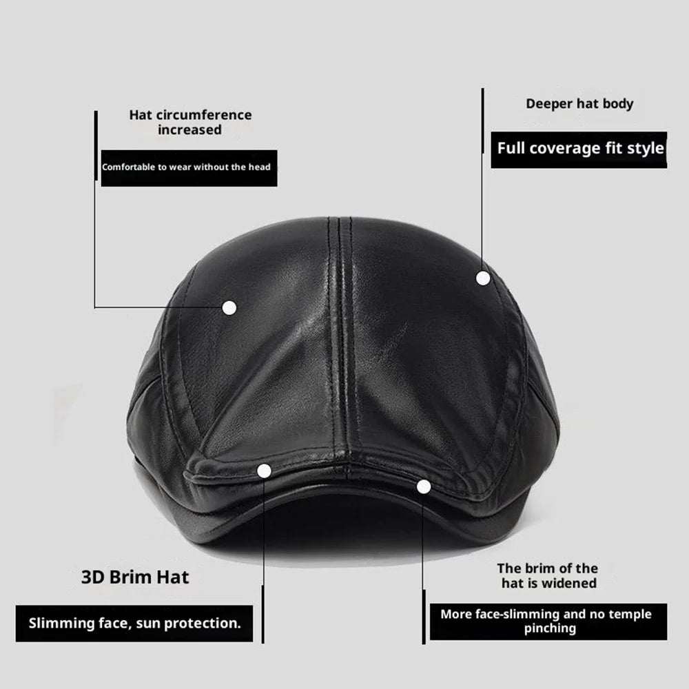 2025d139 Winter PU Leather Driver Hat with Earflaps Warm Artist Beret Hat for Middle-Aged and Elderly Wide Brim Peaked Cap - Black - 3