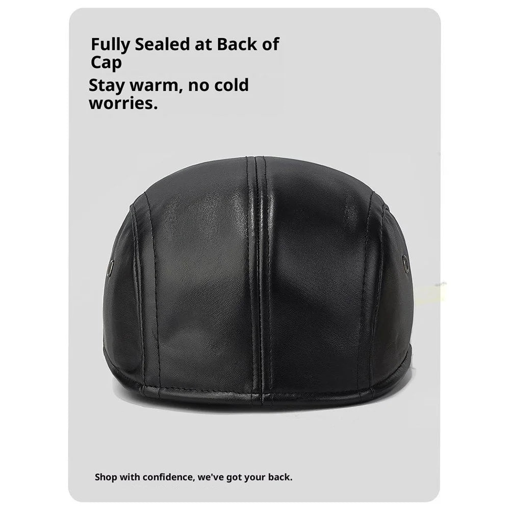2025d139 Winter PU Leather Driver Hat with Earflaps Warm Artist Beret Hat for Middle-Aged and Elderly Wide Brim Peaked Cap - Black - 4