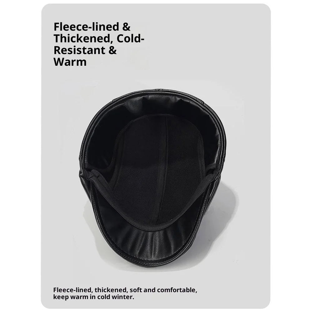 2025d139 Winter PU Leather Driver Hat with Earflaps Warm Artist Beret Hat for Middle-Aged and Elderly Wide Brim Peaked Cap - Black - 5