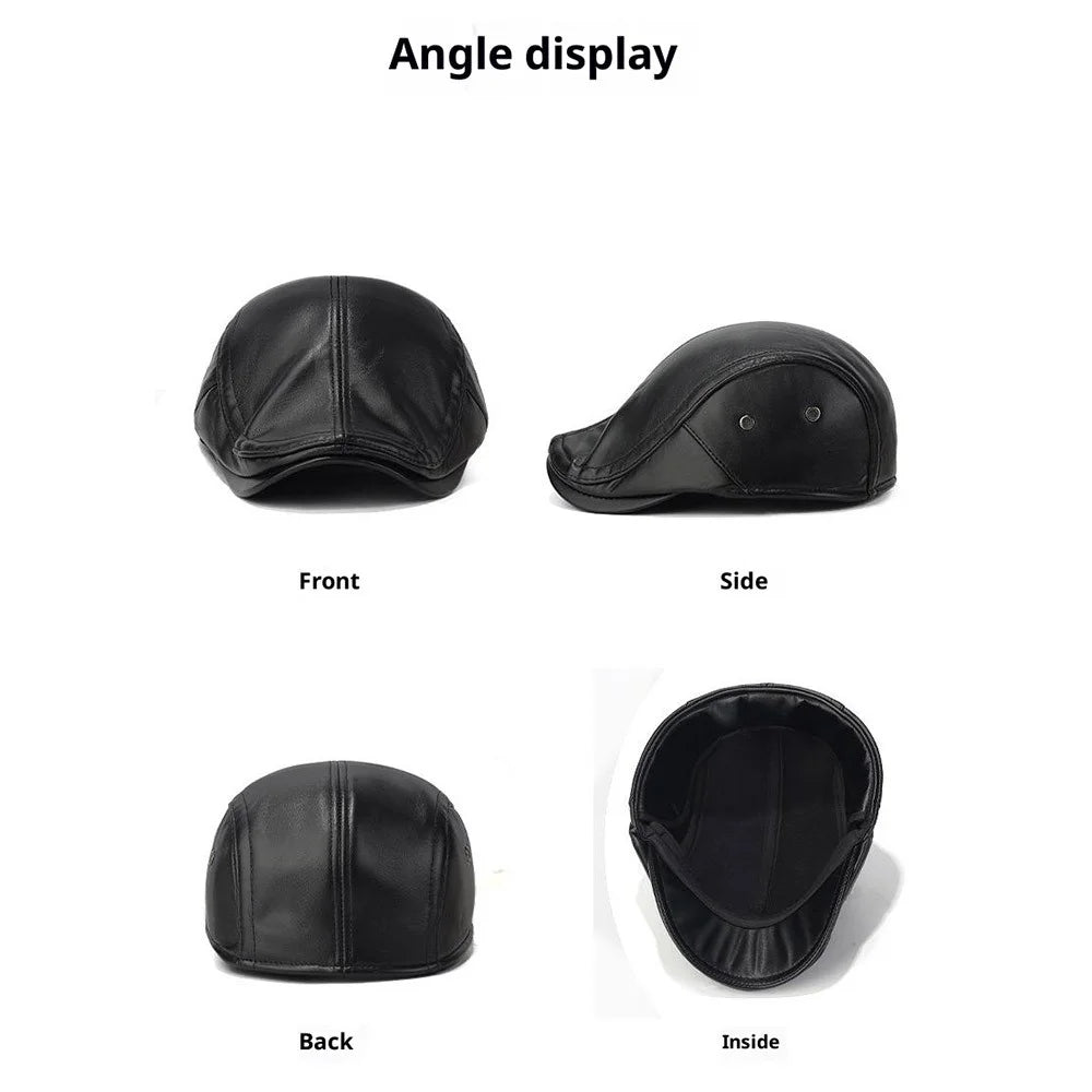 2025d139 Winter PU Leather Driver Hat with Earflaps Warm Artist Beret Hat for Middle-Aged and Elderly Wide Brim Peaked Cap - Black - 6