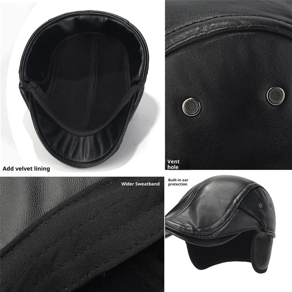 2025d139 Winter PU Leather Driver Hat with Earflaps Warm Artist Beret Hat for Middle-Aged and Elderly Wide Brim Peaked Cap - Black - 7