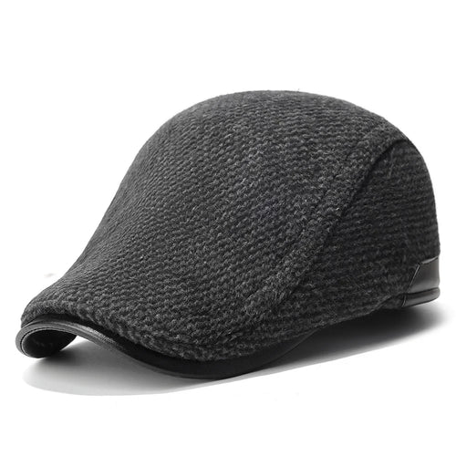 2025d123 Wool Wide Brim Peaked Cap with Foldable Earflaps Artist Beret Hat Winter Thermal Driver Hat - Black - 1