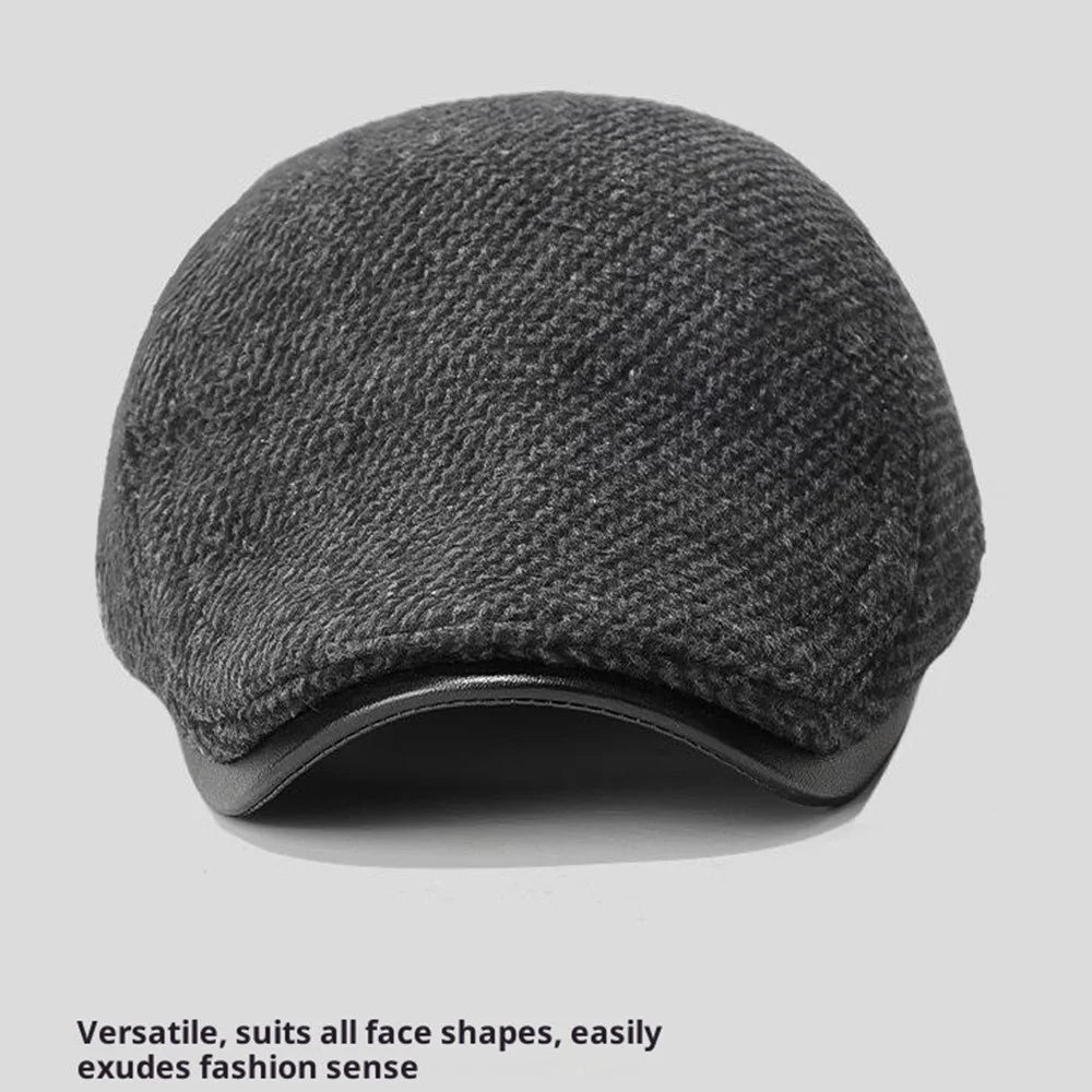 2025d123 Wool Wide Brim Peaked Cap with Foldable Earflaps Artist Beret Hat Winter Thermal Driver Hat - Black - 2