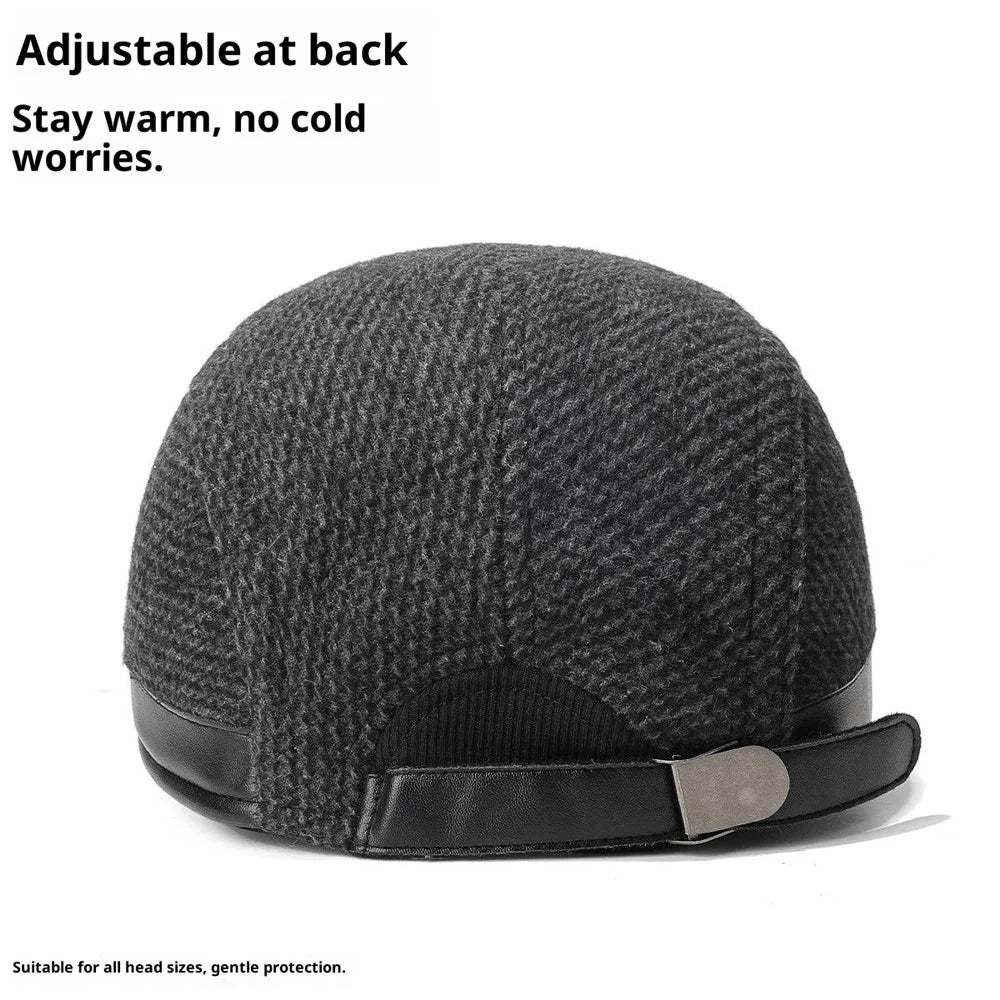 2025d123 Wool Wide Brim Peaked Cap with Foldable Earflaps Artist Beret Hat Winter Thermal Driver Hat - Black - 3