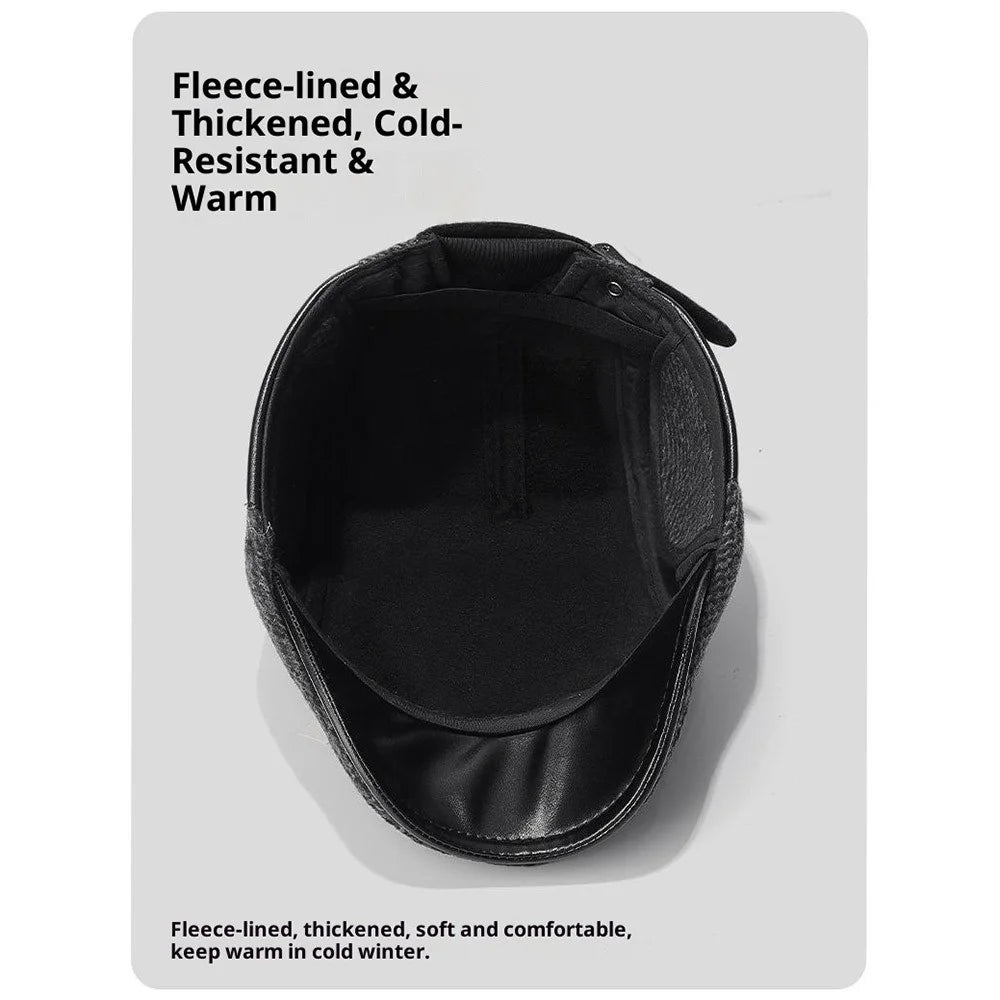2025d123 Wool Wide Brim Peaked Cap with Foldable Earflaps Artist Beret Hat Winter Thermal Driver Hat - Black - 5