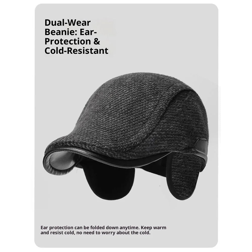 2025d123 Wool Wide Brim Peaked Cap with Foldable Earflaps Artist Beret Hat Winter Thermal Driver Hat - Black - 6