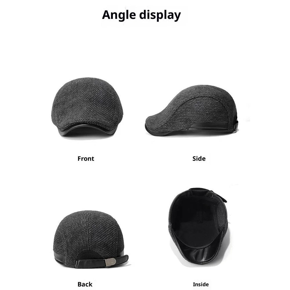 2025d123 Wool Wide Brim Peaked Cap with Foldable Earflaps Artist Beret Hat Winter Thermal Driver Hat - Black - 7