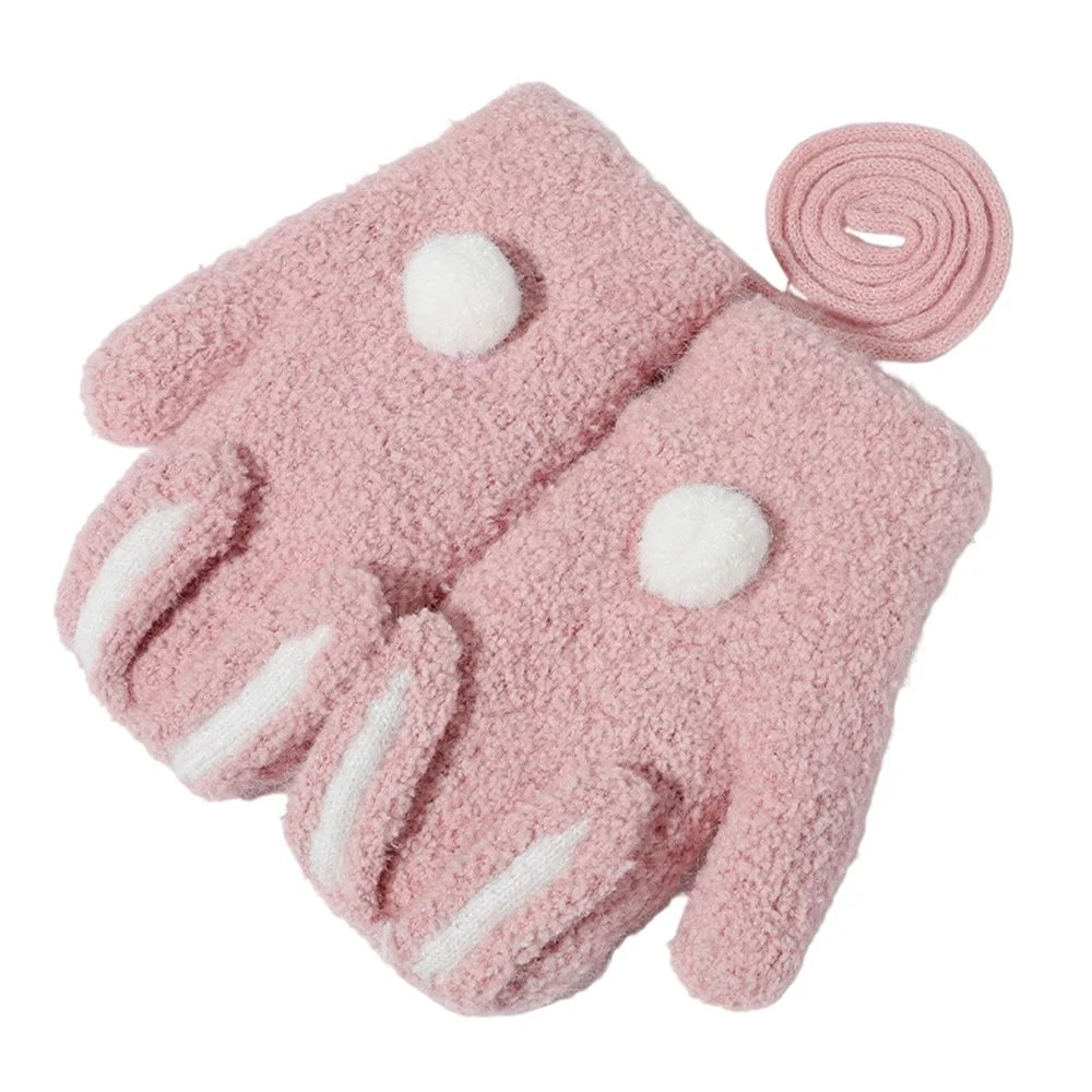 DRST26 Winter Gloves for Children 2-6 Years Old Thick Fleece Lined Cute Rabbit Ears and Tail Mittens with Neck Strap - Deep Pink - 1