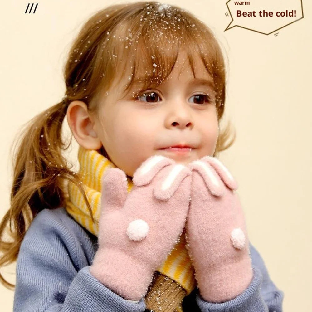 DRST26 Winter Gloves for Children 2-6 Years Old Thick Fleece Lined Cute Rabbit Ears and Tail Mittens with Neck Strap - Deep Pink - 2