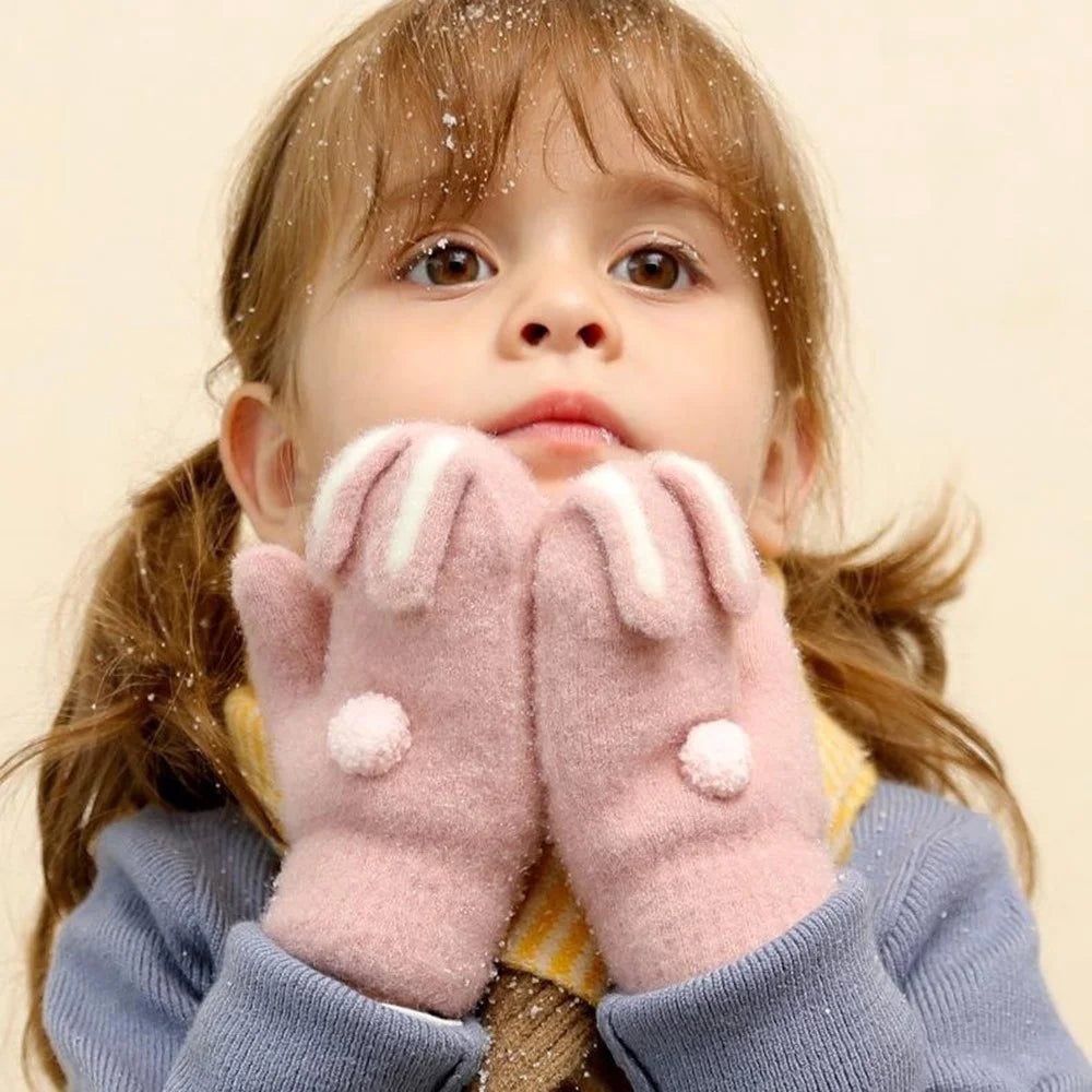 DRST26 Winter Gloves for Children 2-6 Years Old Thick Fleece Lined Cute Rabbit Ears and Tail Mittens with Neck Strap - Deep Pink - 5