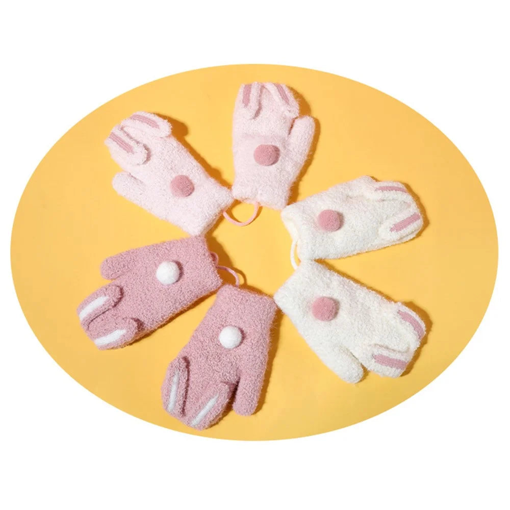 DRST26 Winter Gloves for Children 2-6 Years Old Thick Fleece Lined Cute Rabbit Ears and Tail Mittens with Neck Strap - Deep Pink - 7