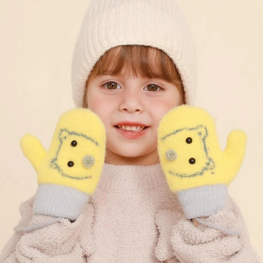 DRST30 Winter Warm Fleece Lined Mittens for Children 2-5 Years Old Cartoon Animal Pattern Neck Hanging Gloves - Yellow - 2