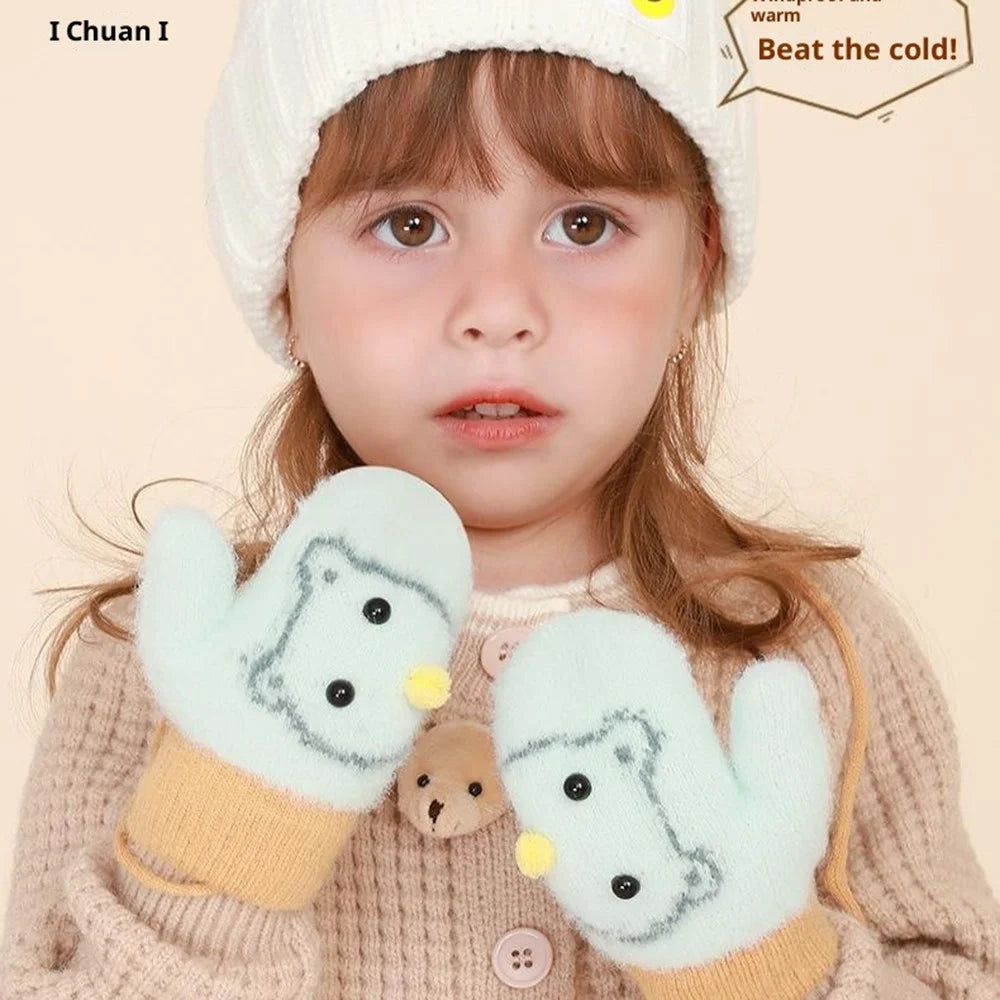 DRST30 Winter Warm Fleece Lined Mittens for Children 2-5 Years Old Cartoon Animal Pattern Neck Hanging Gloves - Yellow - 4