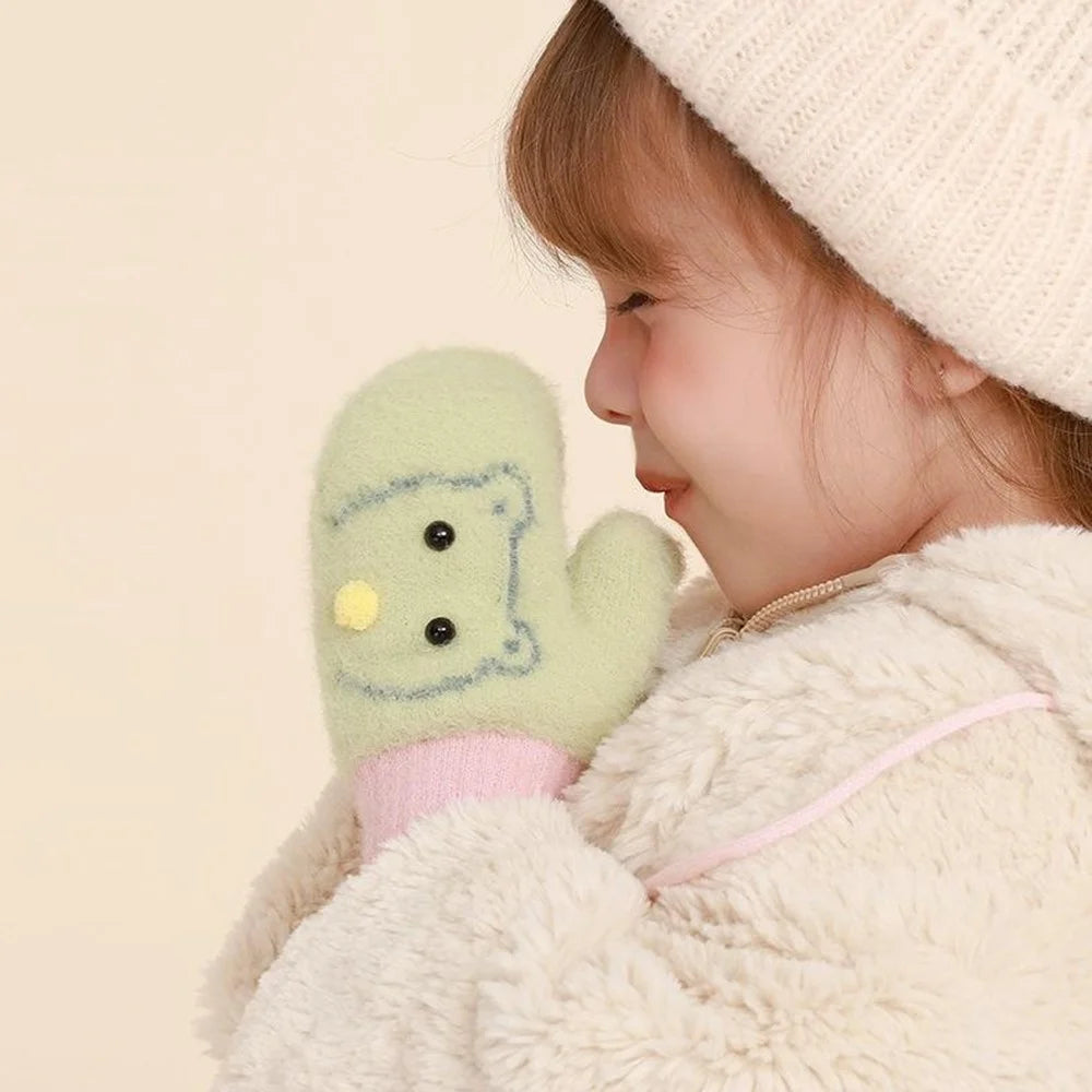 DRST30 Winter Warm Fleece Lined Mittens for Children 2-5 Years Old Cartoon Animal Pattern Neck Hanging Gloves - Yellow - 6