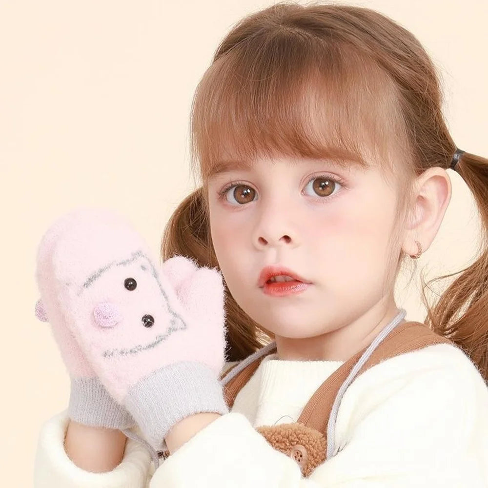DRST30 Winter Warm Fleece Lined Mittens for Children 2-5 Years Old Cartoon Animal Pattern Neck Hanging Gloves - Yellow - 7