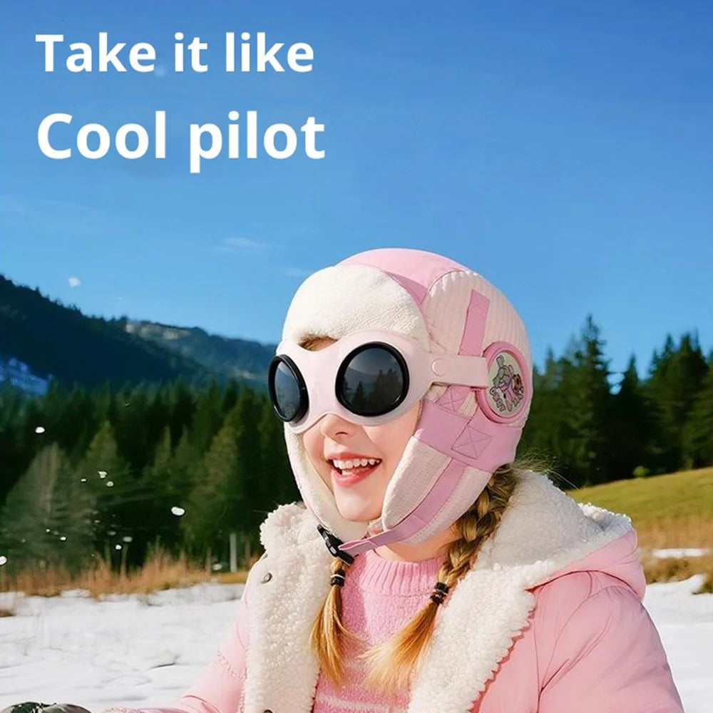 DRMZ33 Pilot Style Kids Winter Hat Windproof Warm Trapper Cap with Removable Goggles - Orange - 4