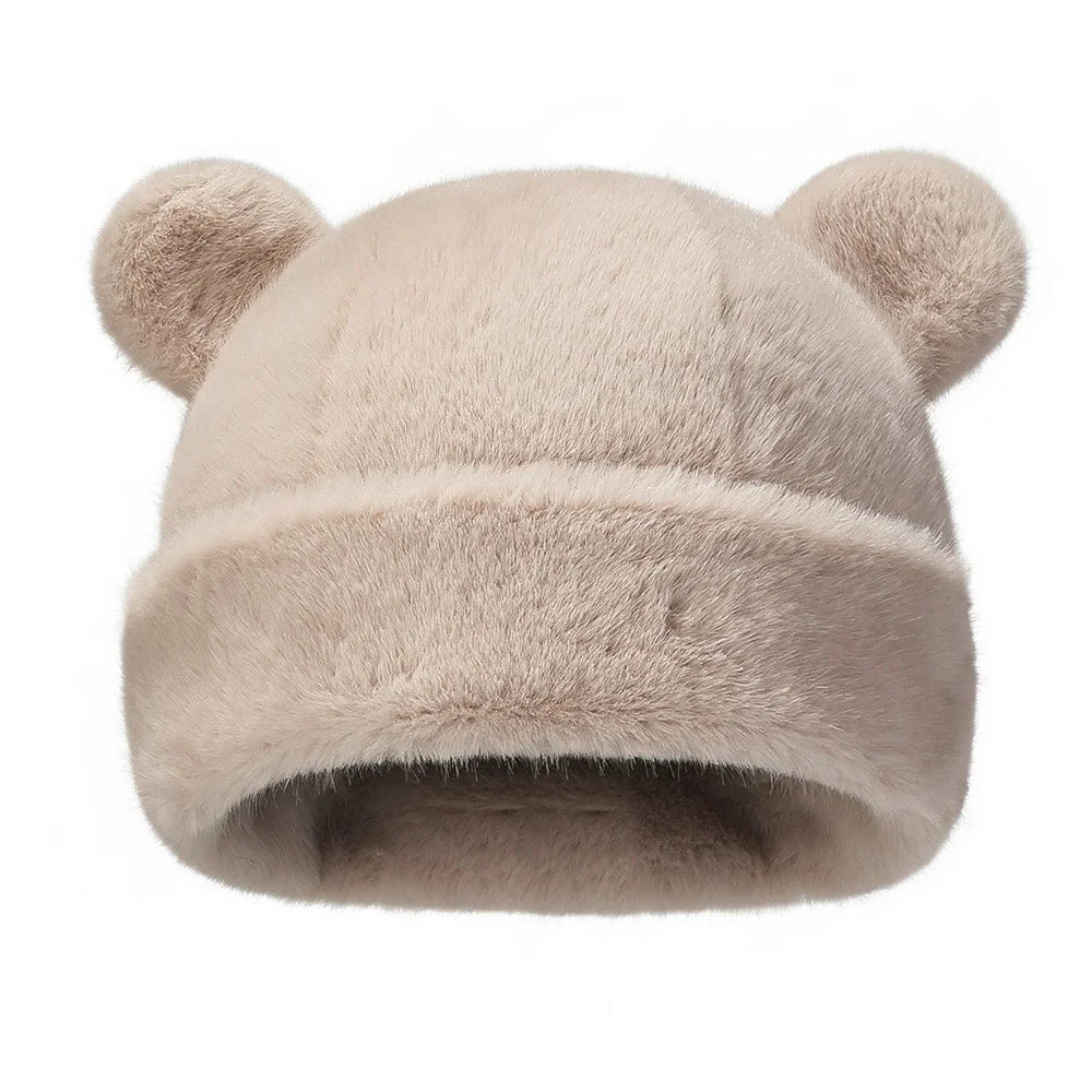 Winter Warm Faux Mink Fur Mongolian Hat 3D Bear Ears Solid Color Windproof Brimless Cap for Women - Khaki - 1