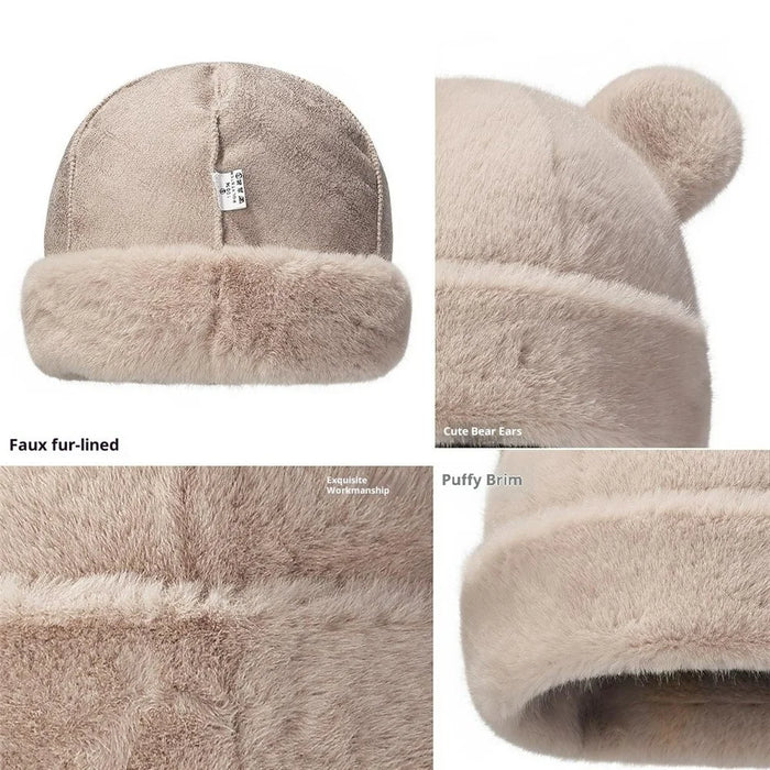 Winter Warm Faux Mink Fur Mongolian Hat 3D Bear Ears Solid Color Windproof Brimless Cap for Women - Khaki - 3