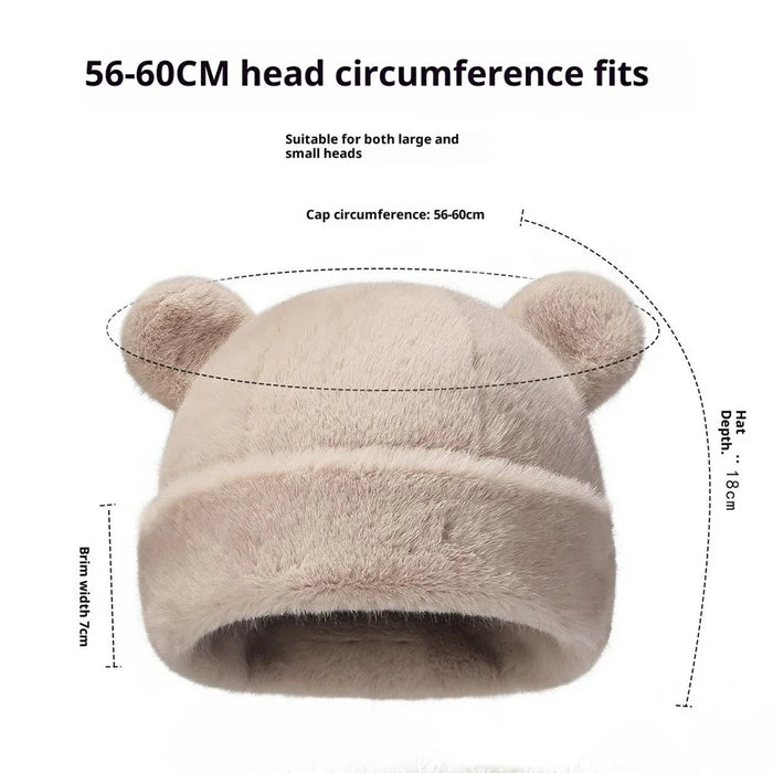 Winter Warm Faux Mink Fur Mongolian Hat 3D Bear Ears Solid Color Windproof Brimless Cap for Women - Khaki - 4