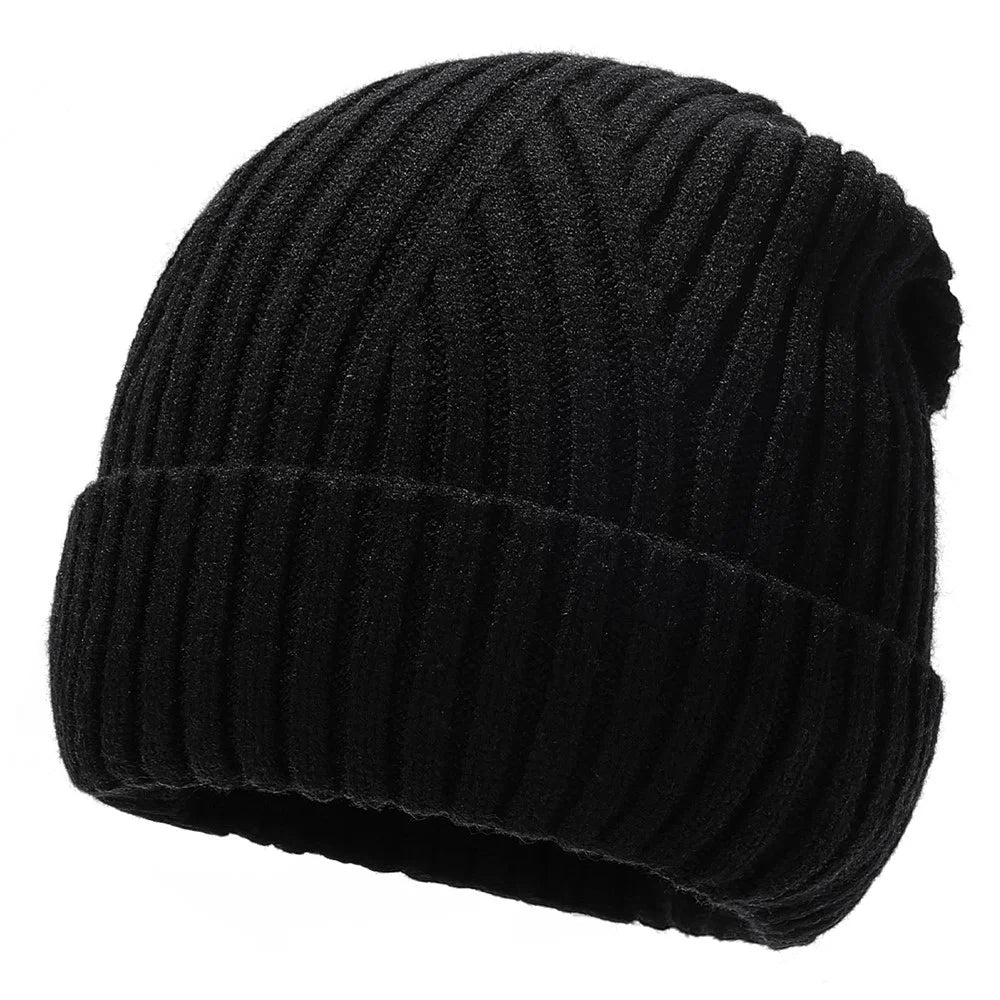 Wool Blend Beanie Hat with Button Strap Knitted Cap Ear Protection Outdoor Winter Warmth - Black - 1