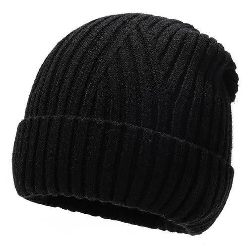 Wool Blend Beanie Hat with Button Strap Knitted Cap Ear Protection Outdoor Winter Warmth - Black - 1