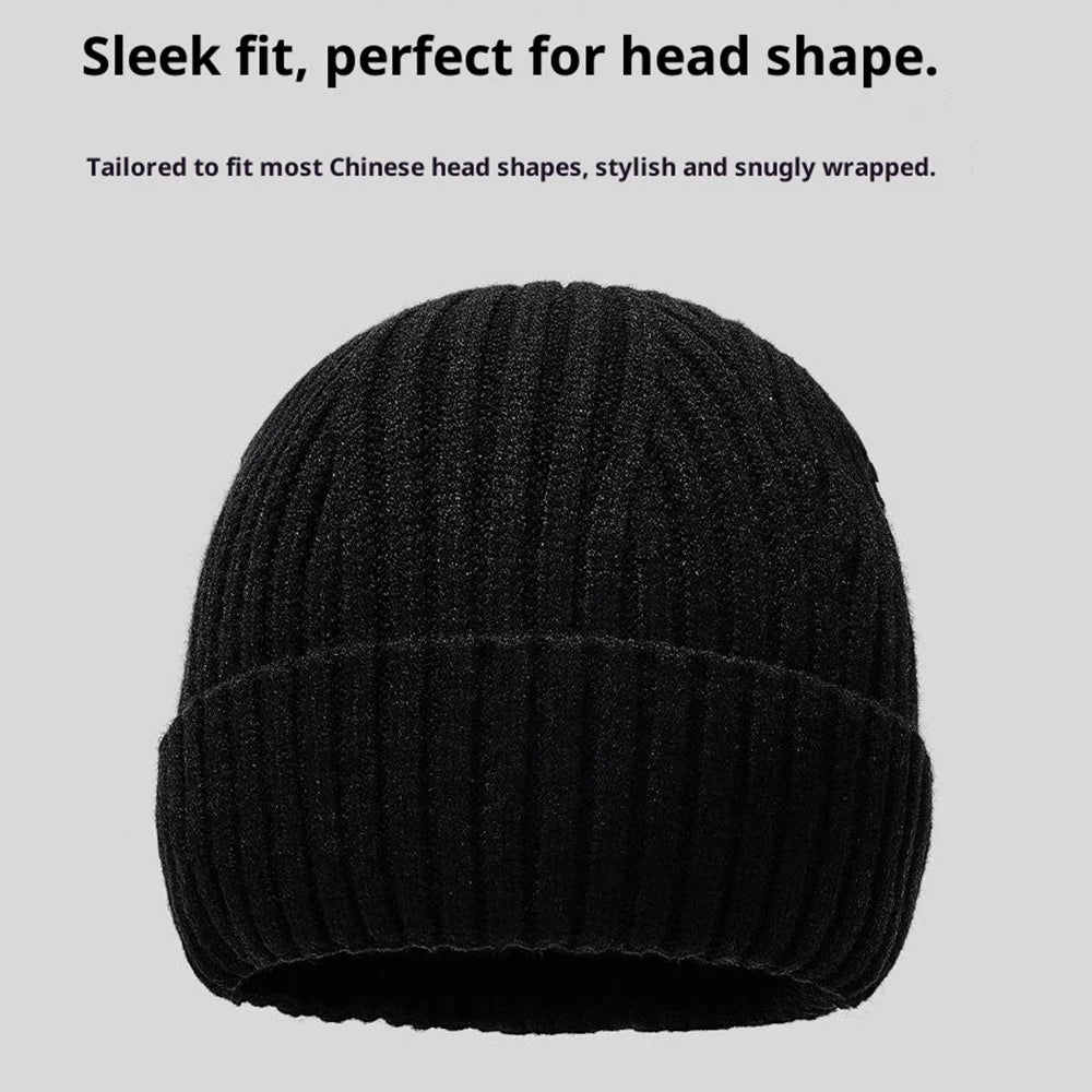Wool Blend Beanie Hat with Button Strap Knitted Cap Ear Protection Outdoor Winter Warmth - Black - 2
