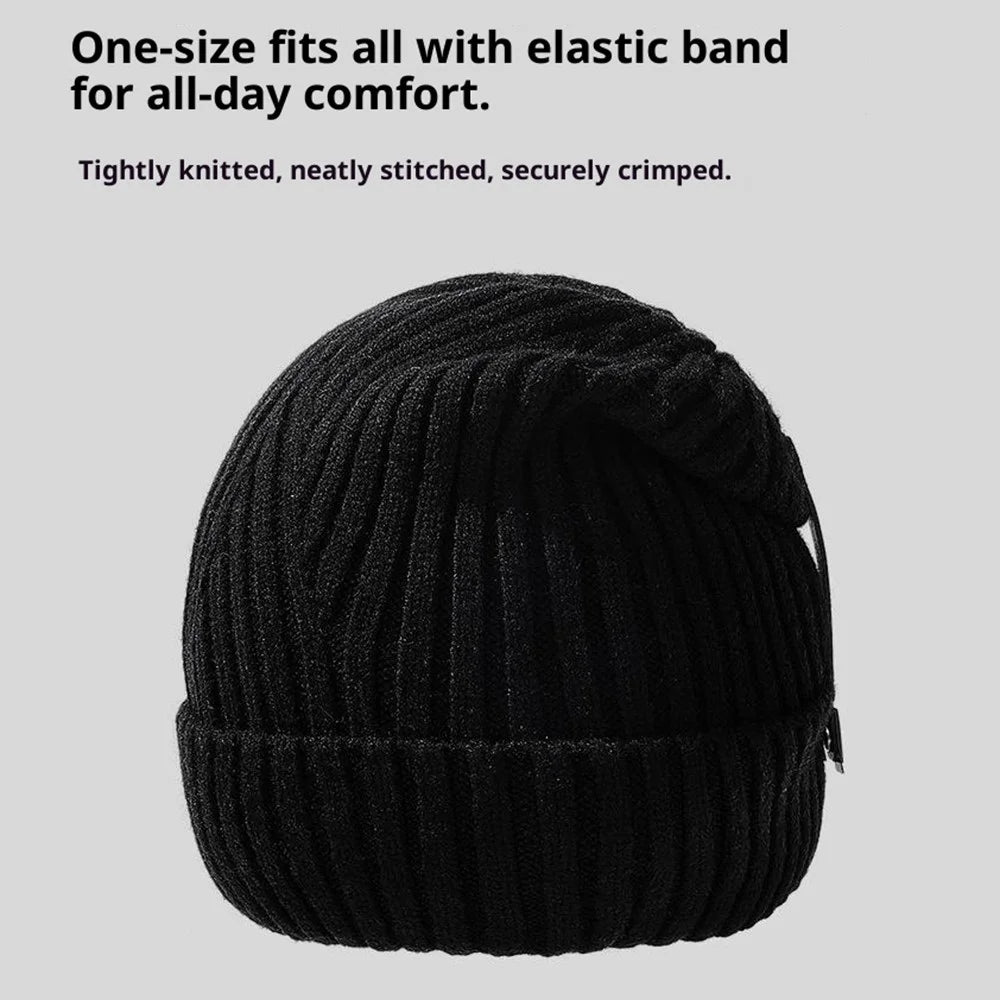 Wool Blend Beanie Hat with Button Strap Knitted Cap Ear Protection Outdoor Winter Warmth - Black - 3