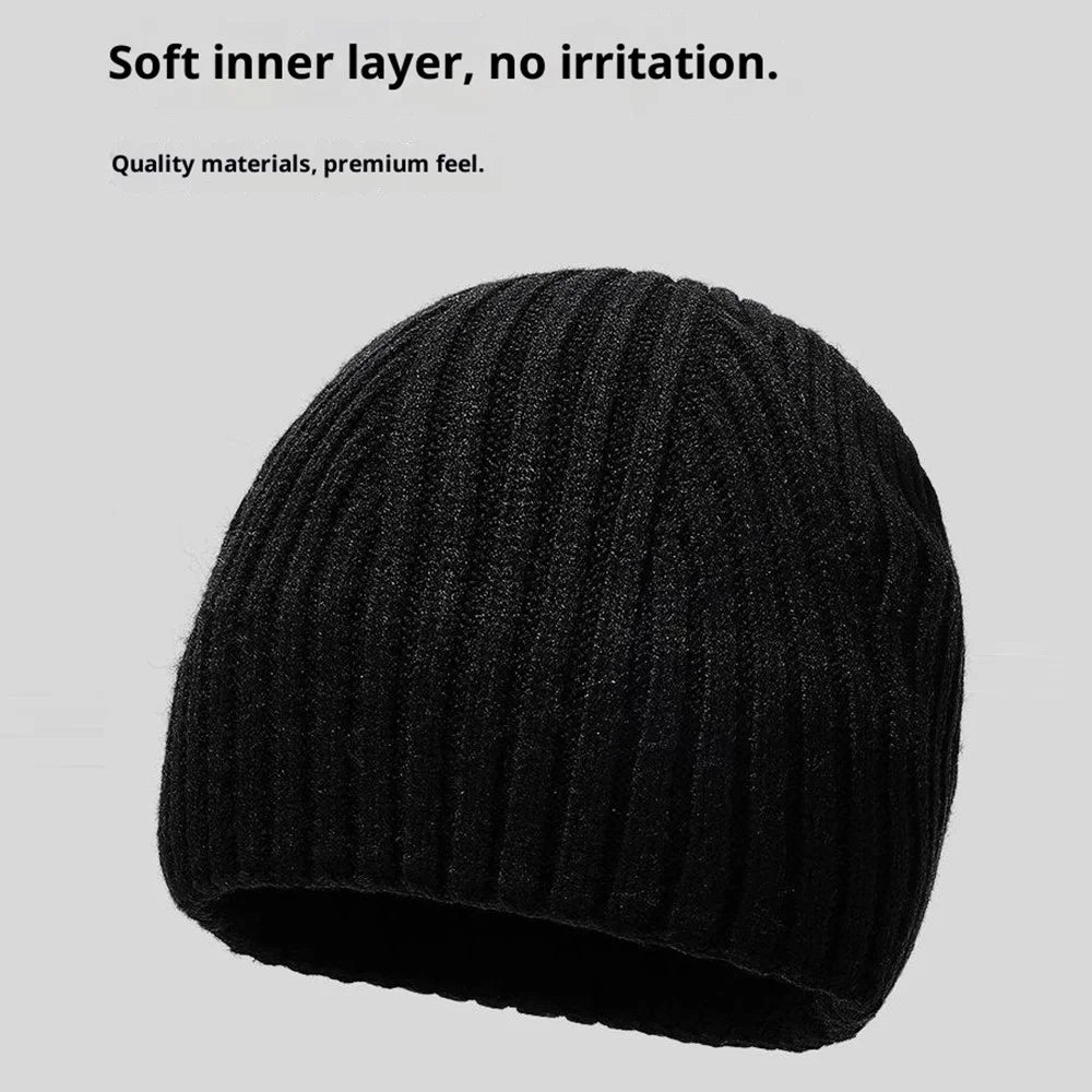 Wool Blend Beanie Hat with Button Strap Knitted Cap Ear Protection Outdoor Winter Warmth - Black - 4