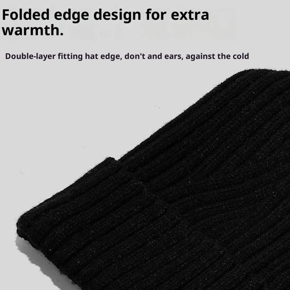 Wool Blend Beanie Hat with Button Strap Knitted Cap Ear Protection Outdoor Winter Warmth - Black - 5