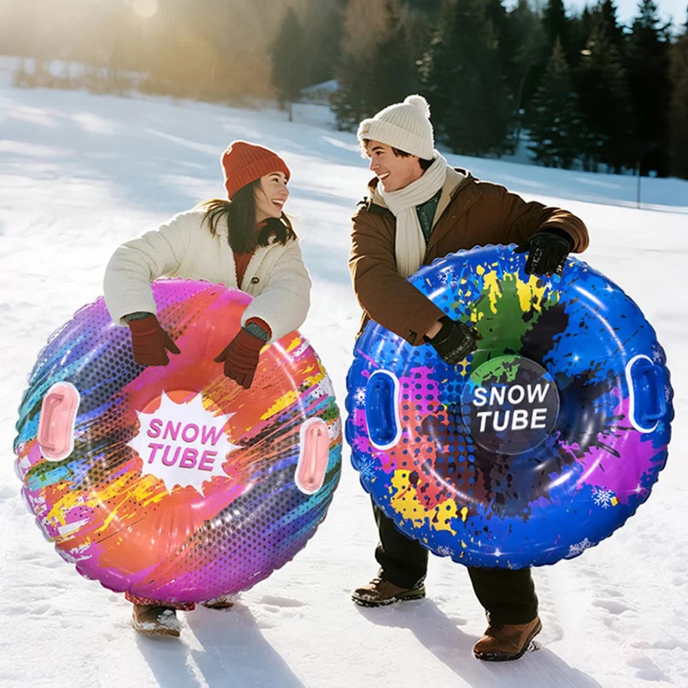 Inflatable Snow Tube Sledge PVC Sledding Tube with Handle Anti Rollover for Winter Outdoor Toy - Iridescent Polka Dot Blue - 2