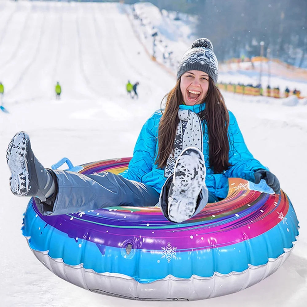 Inflatable Snow Tube Sledge PVC Sledding Tube with Handle Anti Rollover for Winter Outdoor Toy - Iridescent Polka Dot Blue - 4