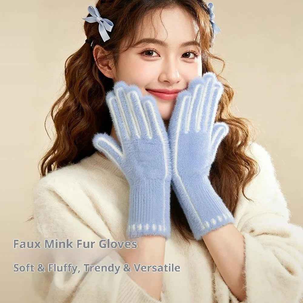 DZ155 Winter Gloves with Touchscreen Compatible Fingertip Holes Warm Faux Mink Fur Mittens for Women - Blue - 2