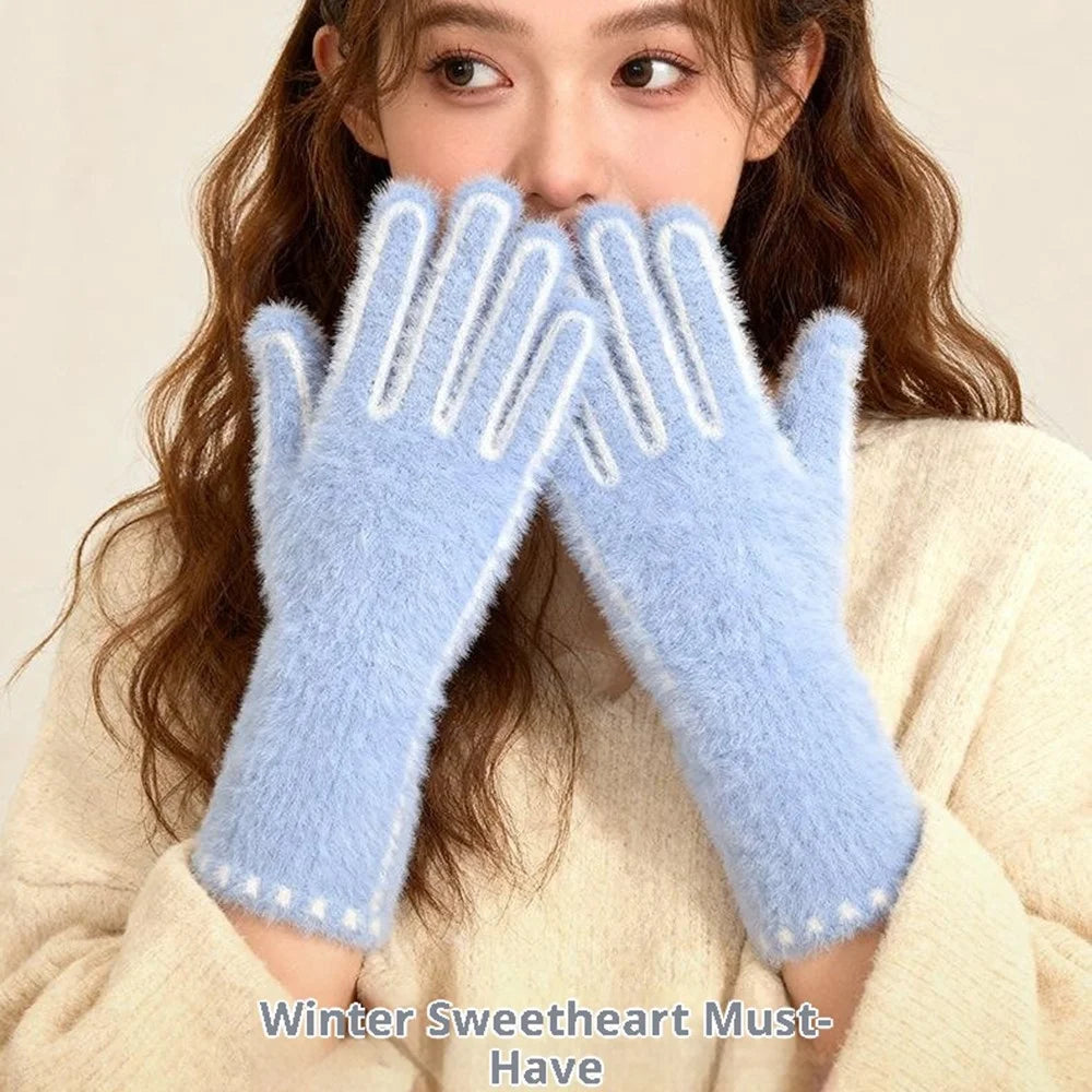 DZ155 Winter Gloves with Touchscreen Compatible Fingertip Holes Warm Faux Mink Fur Mittens for Women - Blue - 3