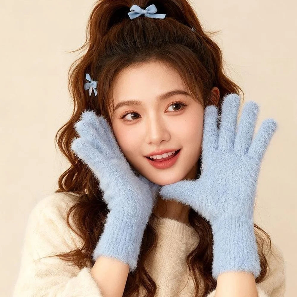DZ155 Winter Gloves with Touchscreen Compatible Fingertip Holes Warm Faux Mink Fur Mittens for Women - Blue - 4